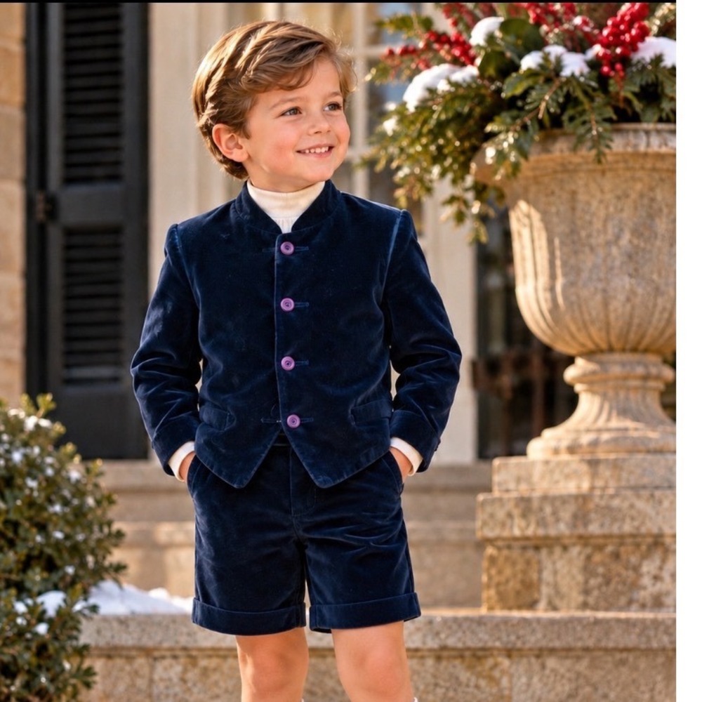 Vintage Boys Navy Blue Cotton Velvet Suit Set Jacket and Shorts 4T Made in USA